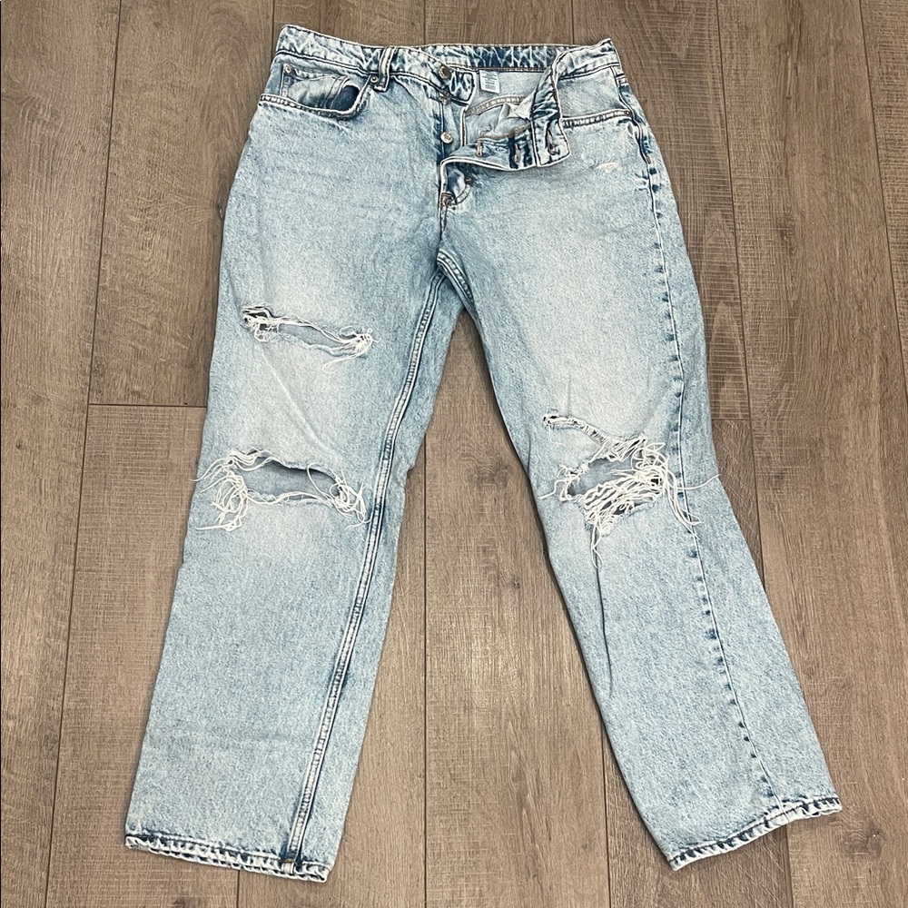 & Denim Distressed High Waisted 90’s Boyfriend Straight Leg Blue Jeans Size 8